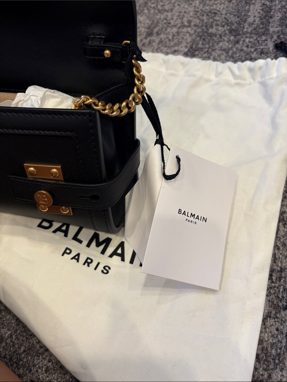 Balmain Black Leather Barrel Clutch with Gold TB Emblem - Picture 2 of 4